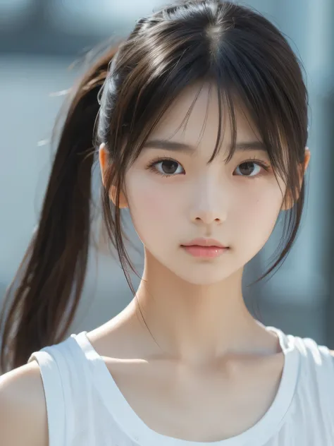 Sporty Girl, Dynamic Pictures , Black Hair, Long Hair, ponytail, bangs, Thready hairstyle/hair, Expressive Hair , Droopy eyes, Sad Eyes , Light-pigmented eyes, Drooping eyebrows, high definition, masterpiece, accurate, is anatomically correct, has w...