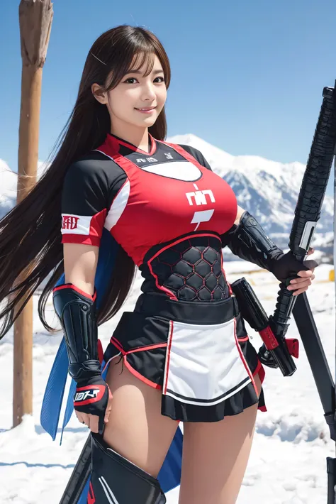 ((highest quality)), (be familiar with), perfect face, Japanese,35yo, smile, Full body Esbian:1.5, big breasts:1.5, Woman warrior:1.5, cheerleading uniform armor:1.5, adventurer, huge sword, huge sword, huge sword, huge gun, Sony FE GM, snow, naked, long p...