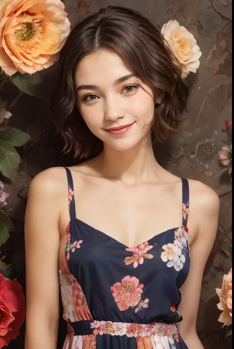 393 ((young woman)),(short hair),(Neat hair),(floral dress),(archaic smile)