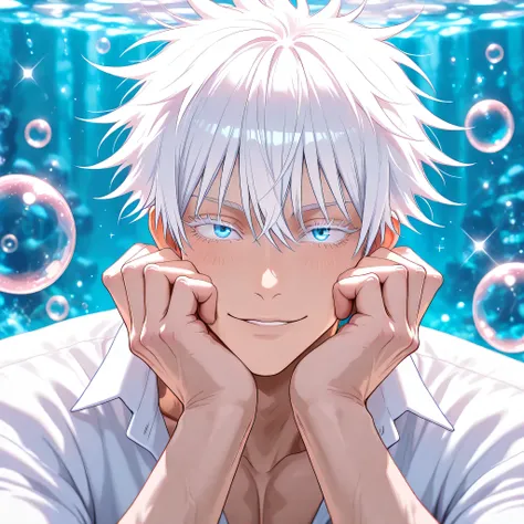 masterpiece, best quality, horizontal, upper body, 1man, adult, male focus, gojou satoru, jujutsu kaisen, white hair, short hair, ((hair between eyes)), colored eyelashes, white eyelashes, blue eyes, intricate eye iris, detailed eyes, muscular male, sexy m...
