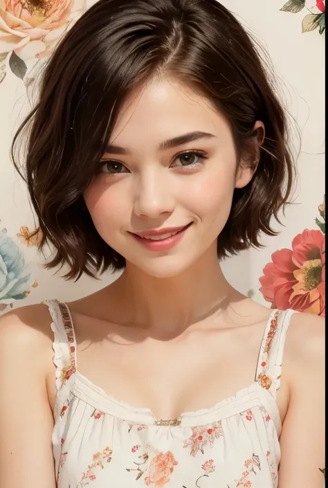 393 ((young woman)),(short hair),(Neat hair),(floral dress),(archaic smile)