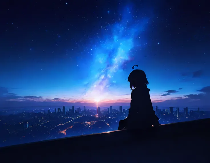 masterpiece,best quality,absurdres,very awa,highres,newest,year 2024,year 2023,rimukoro,shino \(yaruki nai yatsu\),lineart,kabu usagi,terada tera,
1girl,sitting,rooftop,cityscape,scenery,sky,space,star (sky),starry sky,solo,solo focus,