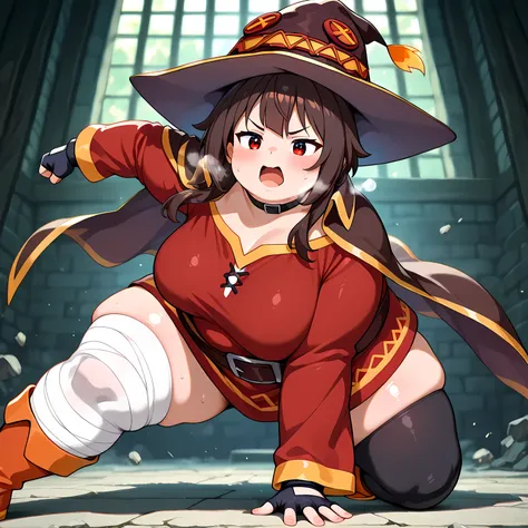 1girl, megumin, red eyes, short hair with long locks, brown hair,
red dress, black choker, fingerless gloves, belt, black gloves, single thighhigh, black thighhighs, bandaged leg, boots, collar, cape, witch hat, 
superhero landing, 
colorful, shiny skin, 
...