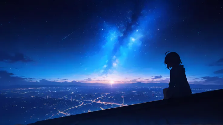 masterpiece,best quality,absurdres,very awa,highres,newest,year 2024,year 2023,rimukoro,shino \(yaruki nai yatsu\),lineart,kabu usagi,terada tera,
1girl,sitting,rooftop,cityscape,scenery,sky,space,star (sky),starry sky,solo,solo focus,