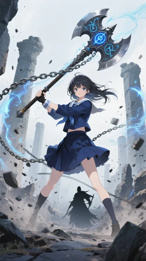 A determined schoolgirl warrior from another world, wearing a classic navy blue sailor school uniform, wields a massive double-headed battle axe connected to a heavy chain.
The axe is larger than her body, with glowing blue magical runes carved into the bl...