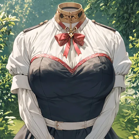 Hilda Valentine Goneril, white blouse, black skirt, Garreg Mach uniform, masterpiece, crossed arm, in garden, (invisible:1.5, no humans:1.5, headless:1.5, faceless:1.5), cute big huge breasts, detailed cloth texture, extremely details, close-up to breasts,...