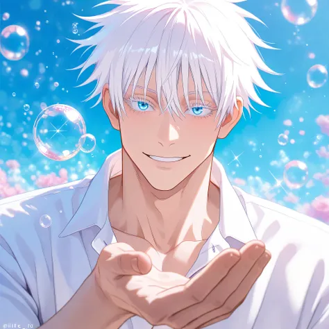 masterpiece, best quality, horizontal, upper body, 1man, adult, male focus, gojou satoru, jujutsu kaisen, white hair, short hair, ((hair between eyes)), colored eyelashes, white eyelashes, blue eyes, intricate eye iris, detailed eyes, muscular male, sexy m...