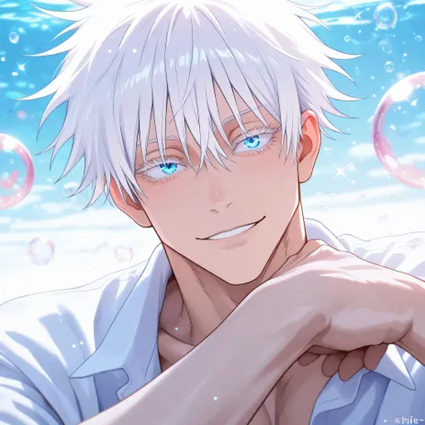 masterpiece, best quality, horizontal, upper body, 1man, adult, male focus, gojou satoru, jujutsu kaisen, white hair, short hair, ((hair between eyes)), colored eyelashes, white eyelashes, blue eyes, intricate eye iris, detailed eyes, muscular male, sexy m...