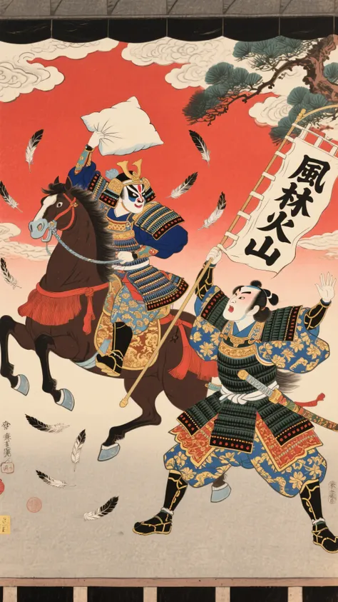Traditional Japanese ukiyo-e style, kabuki performance scene of a dramatic and humorous pillow fight duel between Takeda Shingen and Uesugi Kenshin, portrayed as kabuki actors in elaborate samurai costumes with bold kumadori makeup, Uesugi Kenshin riding a...