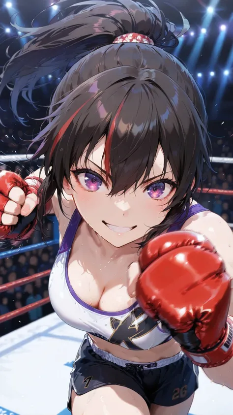 KunimitsuTK, long ponytail, streaked hair, solo, Detailed eyes, white sports bra, black boy leg underwear, black fingerless gloves, thigh, cleavage, medium breast, serious grin, looking at viewer, Detailed eyes, Detailed face, portrait, face focus, from ab...