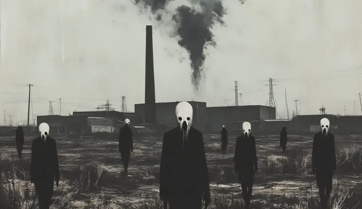 A dark surreal scene of people walking across a field, they have hairless skull heads and featureless long sleeve black outfits, a dystopian factory sits in the background belching black smoke from its smoke stacks, the sky is filled with grey and black cl...
