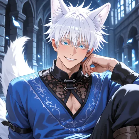 1man, adult, male focus, gojou satoru, jujutsu kaisen, white hair, short hair, ((hair between eyes)), colored eyelashes, white eyelashes, blue eyes, intricate eye iris, detailed eyes, muscular male, sexy man, handsome man, handsome face, handsome fox guy, ...