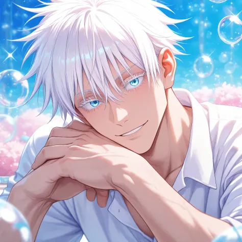 masterpiece, best quality, horizontal, upper body, 1man, adult, male focus, gojou satoru, jujutsu kaisen, white hair, short hair, ((hair between eyes)), colored eyelashes, white eyelashes, blue eyes, intricate eye iris, detailed eyes, muscular male, sexy m...