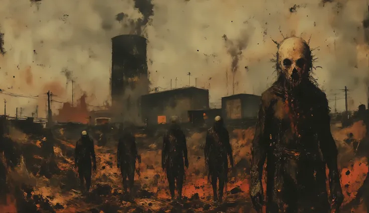 A dark surreal scene of people walking across a field, they have hairless skull heads and featureless long sleeve black outfits, a dystopian factory sits in the background belching black smoke from its smoke stacks, the sky is filled with grey and black cl...
