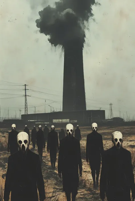 A dark surreal scene of people walking across a field, they have hairless skull heads and featureless long sleeve black outfits, a dystopian factory sits in the background belching black smoke from its smoke stacks, the sky is filled with grey and black cl...