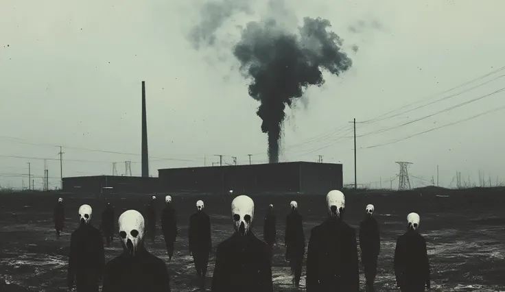 A dark surreal scene of people walking across a field, they have hairless skull heads and featureless long sleeve black outfits, a dystopian factory sits in the background belching black smoke from its smoke stacks, the sky is filled with grey and black cl...