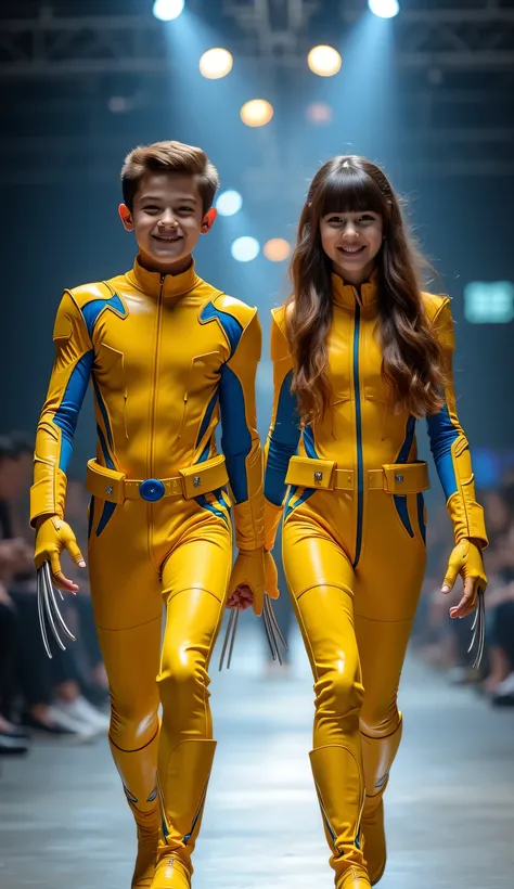 character: 1 boy brown hair wearing futuristic yellow Wolverine body suit futuristic blue accents , and 1 girl brown hair Long with Bangs Wearing futuristic yellow Wolverine body suit futuristic blue accents. Their facial skin is pale, European people.
...