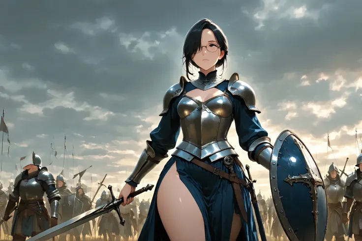 masterpiece, 8k, fantasy world, female character, 1woman, mature woman, 37 years old, high detailed navy blue breast armor, long silk skirt, side slit, small breasts, big butt, short hairstyle, black hair, hair over one eyes, glasses, holding a long sword,...
