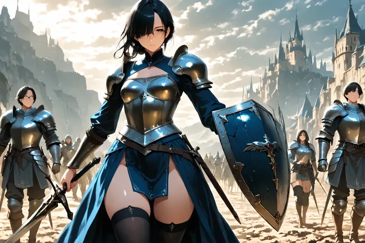 masterpiece, 8k, fantasy world, female character, 1woman, mature woman, 37 years old, high detailed navy blue breast armor, long silk skirt, front slit, black thighhigh, thighgap, small breasts, big butt, short hairstyle, black hair, hair over one eyes, gl...