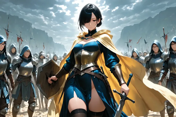 masterpiece, 8k, fantasy world, female character, 1woman, mature woman, 37 years old, high detailed navy blue breast armor, long silk skirt, front slit, black thighhigh, thighgap, small breasts, big butt, short hairstyle, black hair, hair over one eyes, gl...