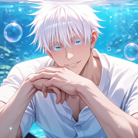 masterpiece, best quality, horizontal, upper body, 1man, adult, male focus, gojou satoru, jujutsu kaisen, white hair, short hair, ((hair between eyes)), colored eyelashes, white eyelashes, blue eyes, intricate eye iris, detailed eyes, muscular male, sexy m...