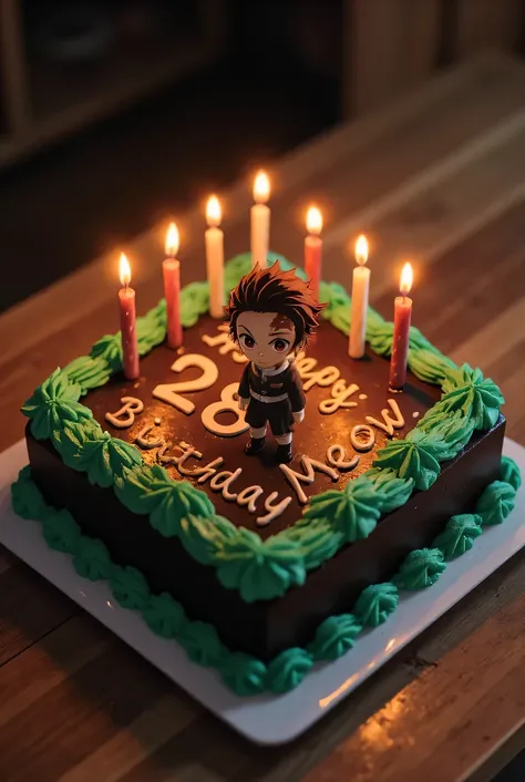 Picture of a square birthday cake , with green and dark chocolate, with the inscription Happy Birthday Meow and a small figure of Tanjiro Kamado , Add candles in the shape of the number 28