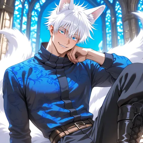 1man, adult, male focus, gojou satoru, jujutsu kaisen, white hair, short hair, ((hair between eyes)), colored eyelashes, white eyelashes, blue eyes, intricate eye iris, detailed eyes, muscular male, sexy man, handsome man, handsome face, handsome fox guy, ...