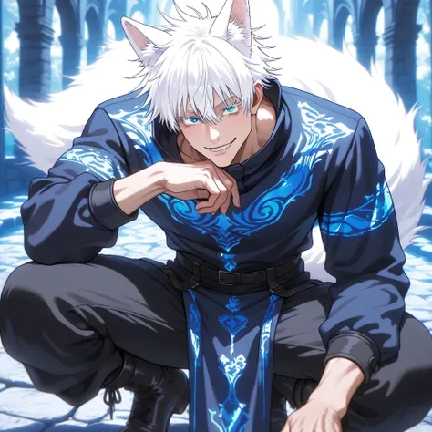 1man, adult, male focus, gojou satoru, jujutsu kaisen, white hair, short hair, ((hair between eyes)), colored eyelashes, white eyelashes, blue eyes, intricate eye iris, detailed eyes, muscular male, sexy man, handsome man, handsome face, handsome fox guy, ...
