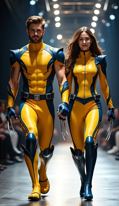 character: young man brown hair wearing futuristic yellow Wolverine body suit futuristic blue black accents , and young womi brown hair Long with Bangs Wearing futuristic yellow Wolverine body suit futuristic blue black accents. Their facial skin is pale,...