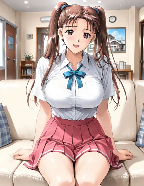 masterpiece, Newest, vibrant, Very Aesthetic, high contrast,mature woman,solo,((KanouRyouko, twintails, brown hair, long hair, brown eyes, big breasts)),((school uniform,White Shirt,pink pleated skirt,blue ribbon)), (embarrassed,charming,Smile Yan,open mou...