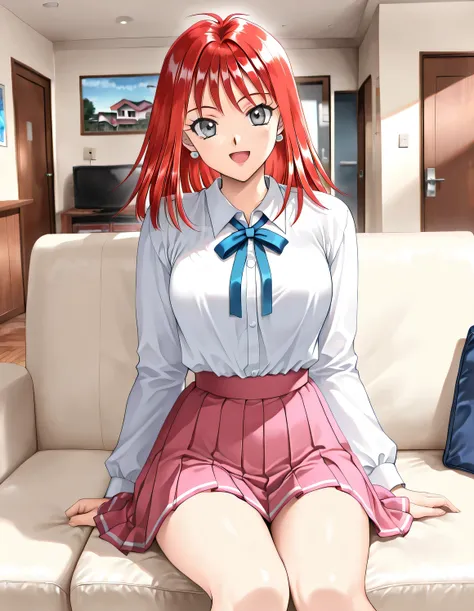 masterpiece, Newest, vibrant, Very Aesthetic, high contrast,mature woman,solo,((TachibanaMayumi, red hair, medium hair, jewelry, earrings, grey eyes, bangs)),((school uniform,White Shirt,pink pleated skirt,blue ribbon)), (charming smile,,open mouth),((Apar...