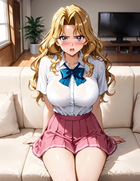 masterpiece, Newest, vibrant, Very Aesthetic, high contrast,mature woman,solo,(Shindou_Reiko(kakyuusei), 1girl, solo, blonde hair, long hair, purple eyes, large breasts, wavy hair)),((school uniform,White Shirt,pink pleated skirt,blue ribbon)), (embarrasse...