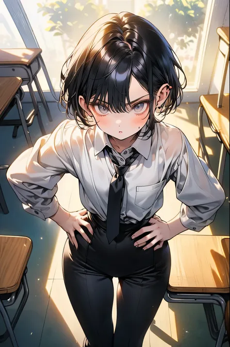 ((top quality))、(Solo), (school girl), Cool and serious high school girl、((shiny black hair, very short hair at the height of both ears))、Clear, dark-eyed eyes、 sweaty white skin in a bright room、(A cute body that is 143 cm tall, thin, and small)、(with a s...