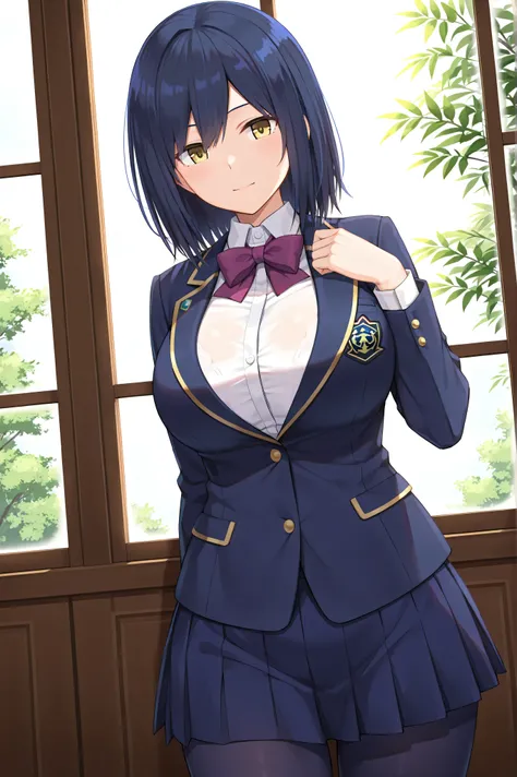 solo,masterpiece,best quality, amazing quality, highres, absurdres, very aesthetic, high resolution, ultra detailed, perfect details,nijirin,large breasts,yellow eyes,blue hair,black hair,moles,medium hair,nijirincos,white shirt,collared shirt,purple bowti...