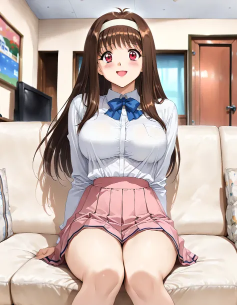 masterpiece, Newest, vibrant, Very Aesthetic, high contrast,mature woman,solo,((Yuuki_Mizuho_OVA, 1girl,solo,long hair, brown hair, white hairband, red eyes, large breast,)),((school uniform,White Shirt,pink pleated skirt,blue ribbon)), (embarrassed,charm...