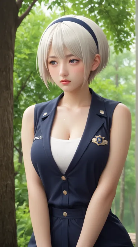 score_9, score_8_ upwards, score_7_ upwards, score_6_ upwards, score_5_ upwards, score_4_ upwards,focus solo girl  ,   hair band,  white hair, short hair, large breasts larger than waist, , very sexy posing:2, erotica,  only towel on the body:2 ,  climbs w...