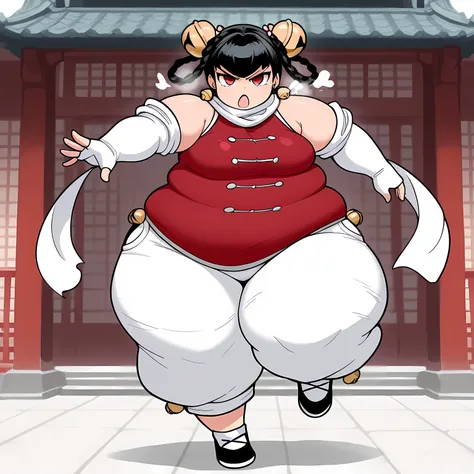 masterpiece, best quality, 1girl, solo,  opmll, black hair, short hair, hair rings, twin braids, red eyes, hair bell, earrings, white scarf, red shirt, sleeveless shirt, detached sleeves, elbow gloves, fingerless gloves, white pants, baggy pants, medium br...