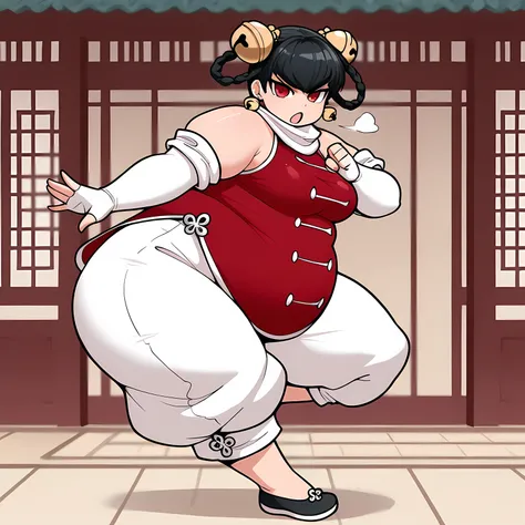 masterpiece, best quality, 1girl, solo,  opmll, black hair, short hair, hair rings, twin braids, red eyes, hair bell, earrings, white scarf, red shirt, sleeveless shirt, detached sleeves, elbow gloves, fingerless gloves, white pants, baggy pants, medium br...