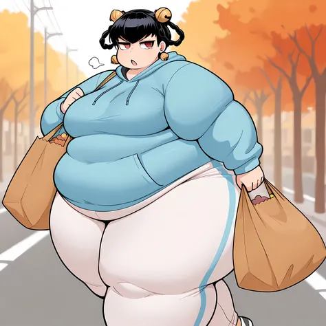 masterpiece, best quality, 1girl, solo  opmll, black hair, short hair, hair rings, red eyes, twin braids, hair bell, earrings, blue hoodie, autumn, white pants, track pants, street, walking, bored, , breasts, holding groceries fat, chubby, obese, gigantic ...