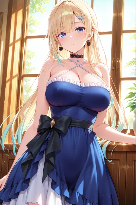 solo,masterpiece,best quality, amazing quality, highres, absurdres, very aesthetic, high resolution, ultra detailed, perfect details,EmaDefault, long hair, hair ornament, cat earrings, choker, strapless layered dress, criss-cross halter,waist bow,,(masterp...