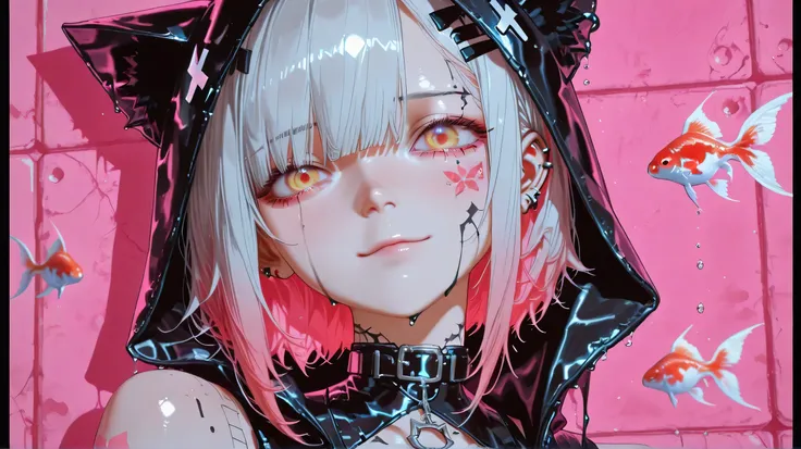 eyesHD ,high gradient eyes,detailed eyes,high definition eyes, Anime girl drawing:1.4,  close-up of woman with tattoos on face and body  ,   long bangs to eyebrows   , The rain came down., It&#39;s shiny.,  reflective , Floating eyes looking at camera,  , ...