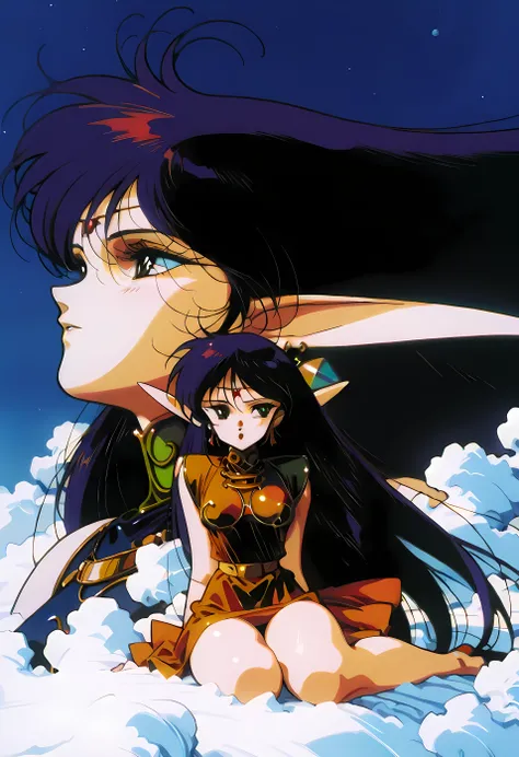 Rei Hino, black long hair, she has elven ears, intricate satin dress, sitting on a dragon, background in the clouds, beautiful sky, Benisman, Benisman artstyle, Benisman Style, cel shading, high contrast, glossy skin, pale skin,90s_anime_aesthetic, 1990s (...