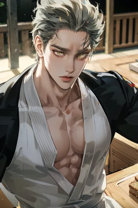Realistic,PHOTOREALISTIC,HDR,ultra high definition,studio lighting,ultra detailed description,professional ,bright color,flour,One Punch Man,yellow eyes,gray hair,18 years old,man,177cm,black chewy polar that reveals the body,white dojo pants,Dojo strap,fu...