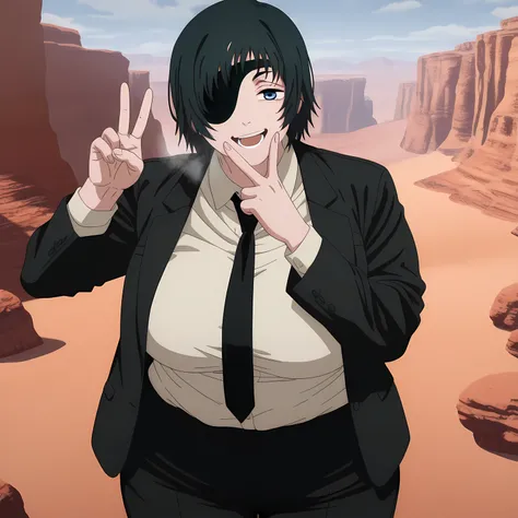 masterpiece, best quality, amazing quality,,  himeno, himeno (chainsaw man), short hair, black hair, blue eyes, eyepatch, mature female, breasts, anime screencap, shirt, long sleeves, jacket, white shirt, necktie, collared shirt, pants, black jacket, black...