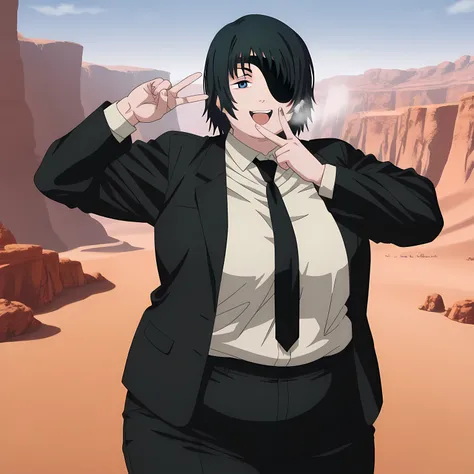 masterpiece, best quality, amazing quality,,  himeno, himeno (chainsaw man), short hair, black hair, blue eyes, eyepatch, mature female, breasts, anime screencap, shirt, long sleeves, jacket, white shirt, necktie, collared shirt, pants, black jacket, black...