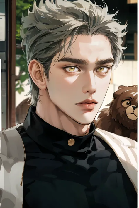 Realistic,PHOTOREALISTIC,HDR,ultra high definition,studio lighting,ultra detailed description,professional ,bright color,flour,One Punch Man,yellow eyes,gray hair,18 years old,man,177cm,black chewy polar that reveals the body,white dojo pants,Dojo strap,fu...