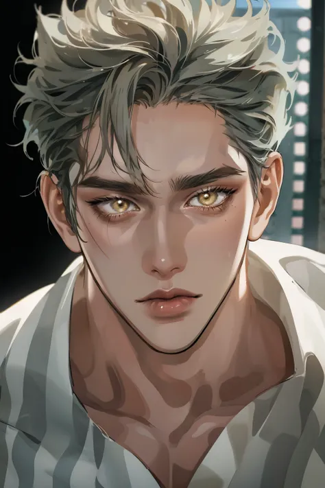 Realistic,photorealistic,HDR,ultra high definition,studio lighting,ultra detailed description,professional ,bright color,flour,One Punch Man,yellow eyes,gray hair,18 years old,man,177cm,black chewy polar that reveals the body,white dojo pants,Dojo strap,fu...