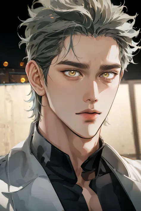 Realistic,photorealistic,HDR,ultra high definition,studio lighting,ultra detailed description,professional ,bright color,flour,One Punch Man,yellow eyes,gray hair,18 years old,man,177cm,black chewy polar that reveals the body,white dojo pants,Dojo strap,fu...