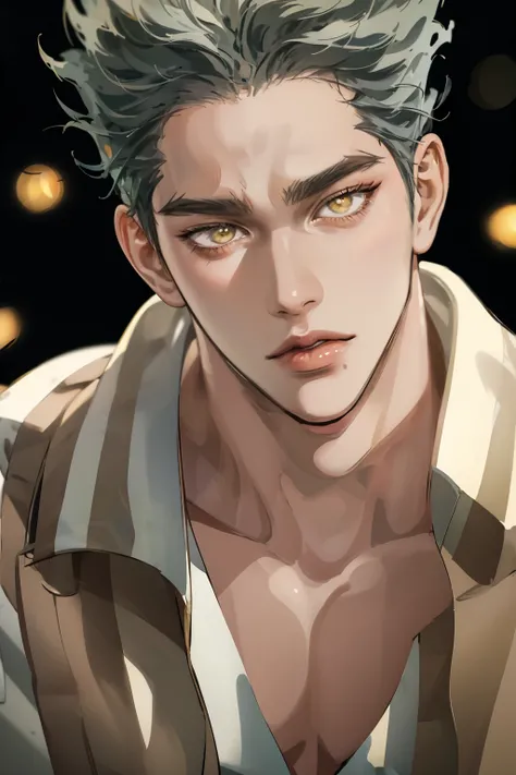 Realistic,photorealistic,HDR,ultra high definition,studio lighting,ultra detailed description,professional ,bright color,flour,One Punch Man,yellow eyes,gray hair,18 years old,man,177cm,black chewy polar that reveals the body,white dojo pants,Dojo strap,fu...