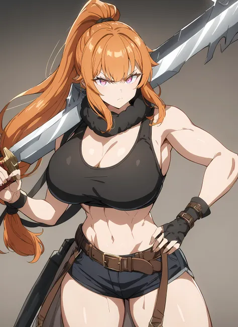  Masterpiece, anime, 1girl, solo,  Orange hair,  best quality ,  very aesthetic, absurdres,4k, standing And carring a  broadswordsword,  serious expression  , Anime style, detailed bangs, baddass, serious, looking at the viewer, hair tied in a ponytail , b...